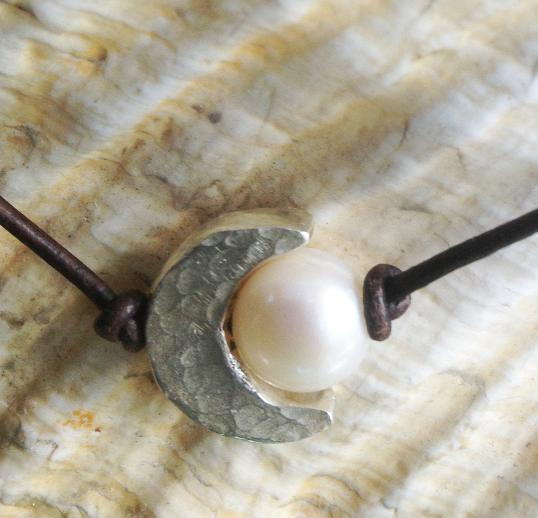 Handmade Hammered Sterling Silver Crescent Moon Choker and Pearl on Antique Brown Leather Cord with Pearl Closure