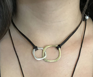 Handmade Leather Necklace with Fabricated Sterling Silver and Bronze Interlocking Organic Circles with Adjustable Silver Pearl Closure