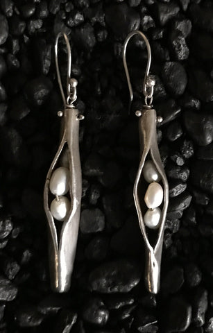 Handmade Sterling Silver Organic Pea Pod Earrings with Fresh Water Pearls