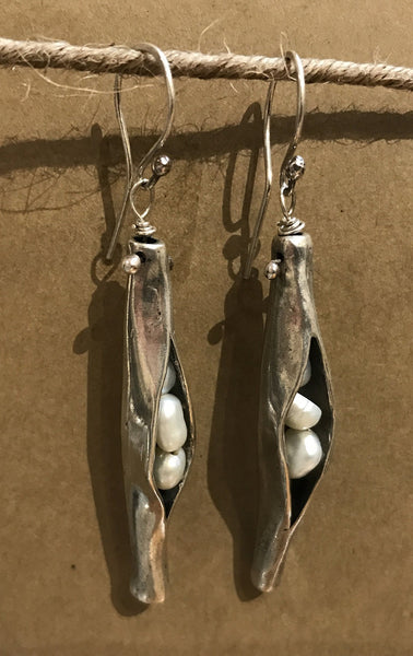 Handmade Sterling Silver Organic Pea Pod Earrings with Fresh Water Pearls