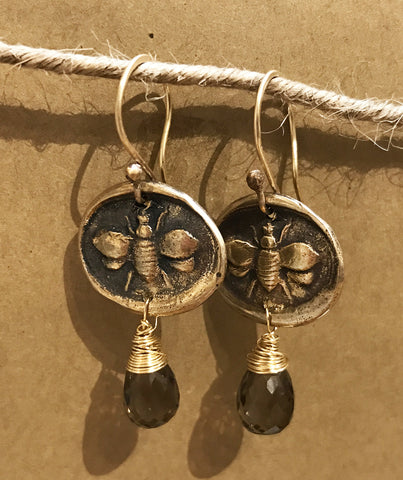 Handmade Bronze and Gold Fill Earrings with Smokey Quartz Drop