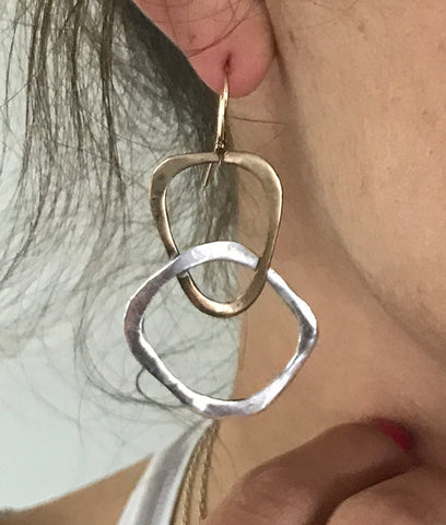 Handmade Sterling Silver and Bronze Organic Triangle Large Circle Earrings