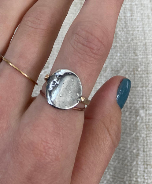 Silver Crescent Moon Ring with 14K Gold Fill Band