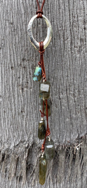 Handmade Sterling Silver Organic Hammered Oval Leather Adjustable Long Lariat Necklace with Variegated Labradorite Cluster