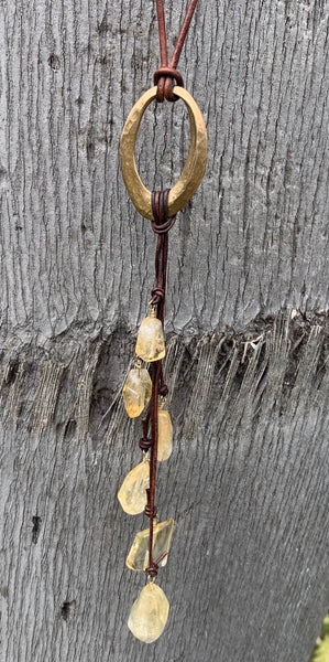 Handmade Bronze Organic Hammered Oval Leather Adjustable Long Lariat Necklace with Variegated Citrine Cluster