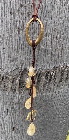 Handmade Bronze Organic Hammered Oval Leather Adjustable Long Lariat Necklace with Variegated Citrine Cluster