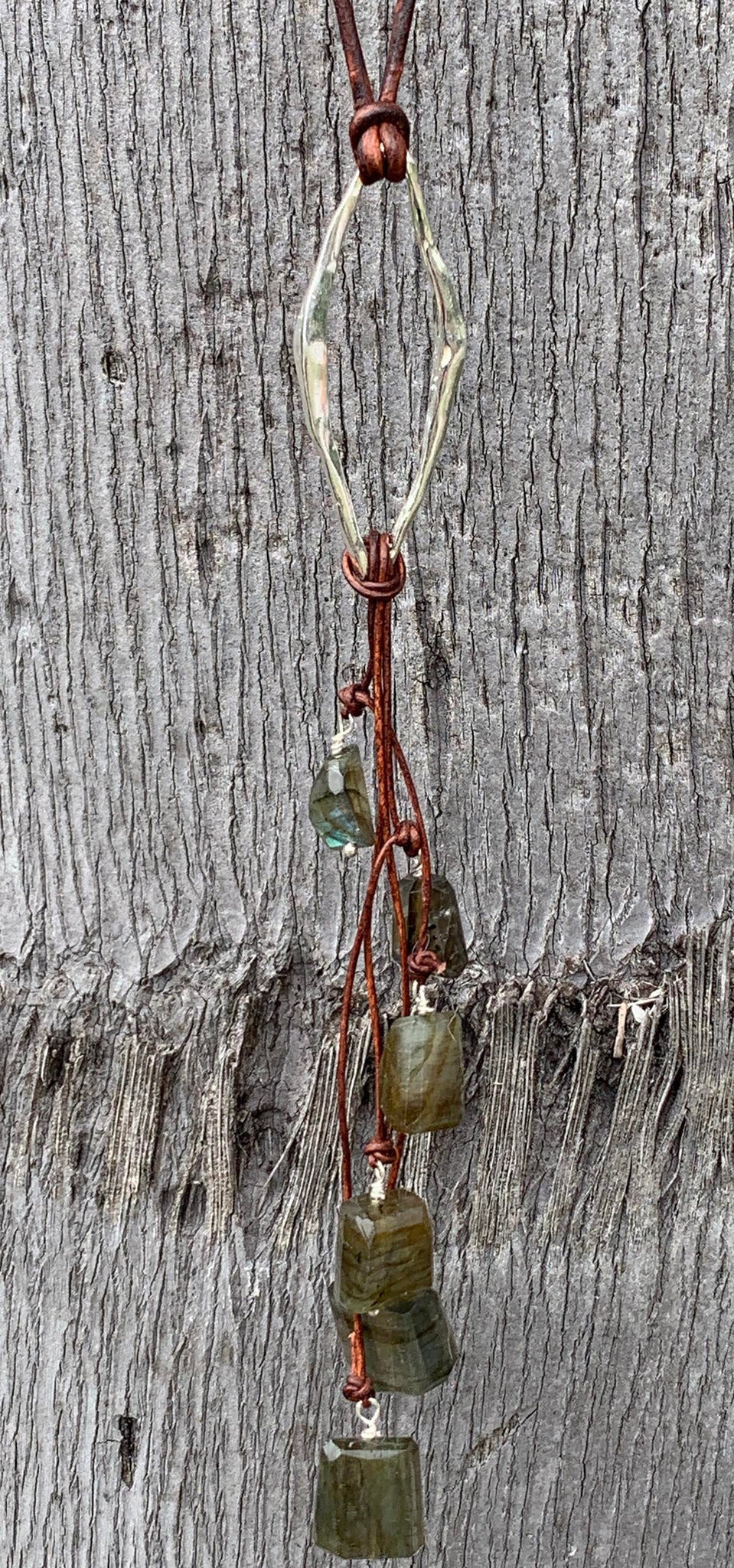 Handmade Sterling Silver Organic Diamond Leather Adjustable Long Lariat Necklace with Variegated Labradorite Cluster