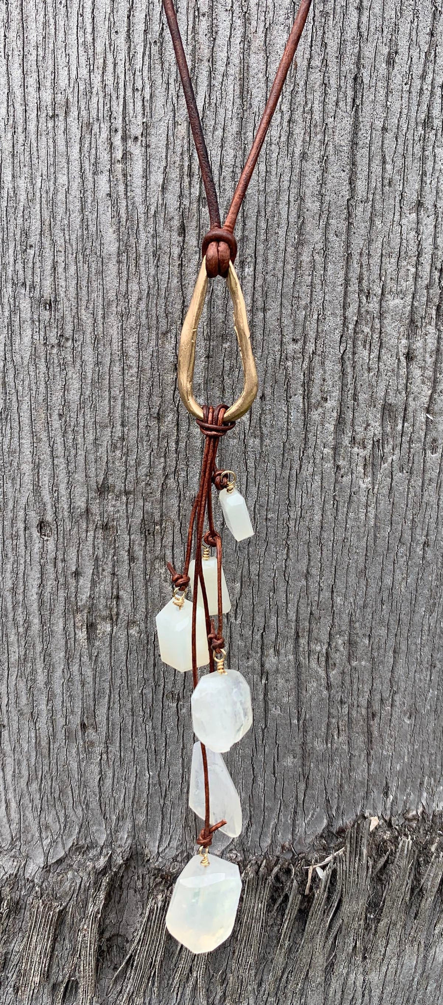 Handmade Bronze Organic Tear Drop Leather Adjustable Long Lariat Necklace with Variegated Moonstone Cluster