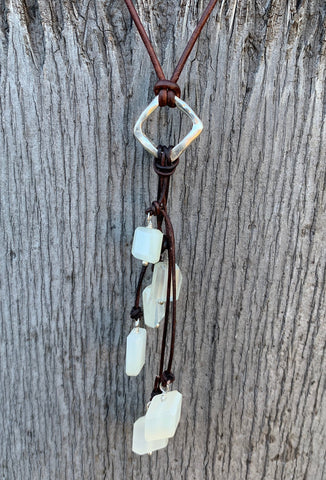Handmade Organic Silver Diamond Leather Adjustable Lariat Necklace with Variegated Moonstone Cluster