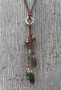 Handmade Organic Silver Diamond Leather Adjustable Lariat Necklace with Variegated Labradorite Cluster