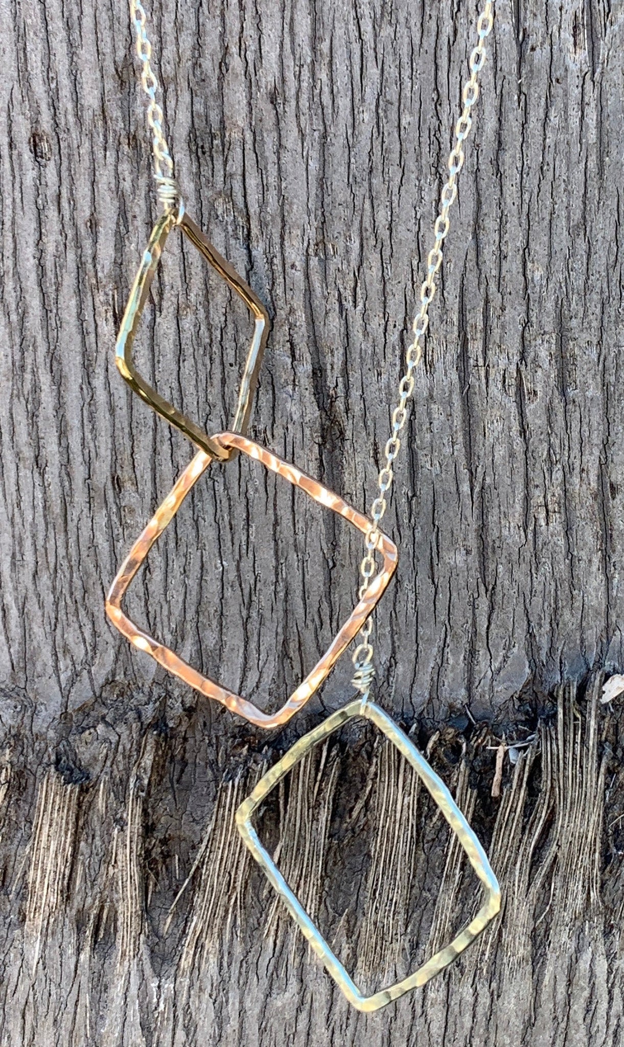 Mixed Metal Three Squares Long Lariat Trinity Necklace