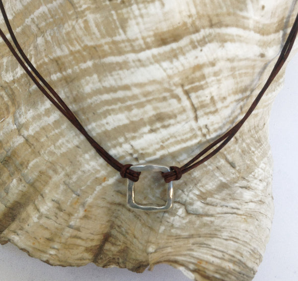Handmade Organic Sterling Silver Organic Square Leather Choker Necklace