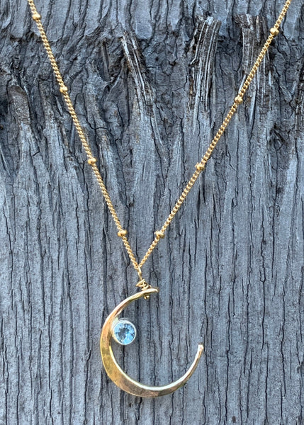Handmade 14K Gold Fill Crescent Moon Necklace with tube Set Aquamarine