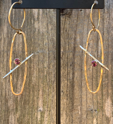 Handmade 14K Gold Fill and Sterling Silver Oval Earrings and Tube Set Pink Tourmaline