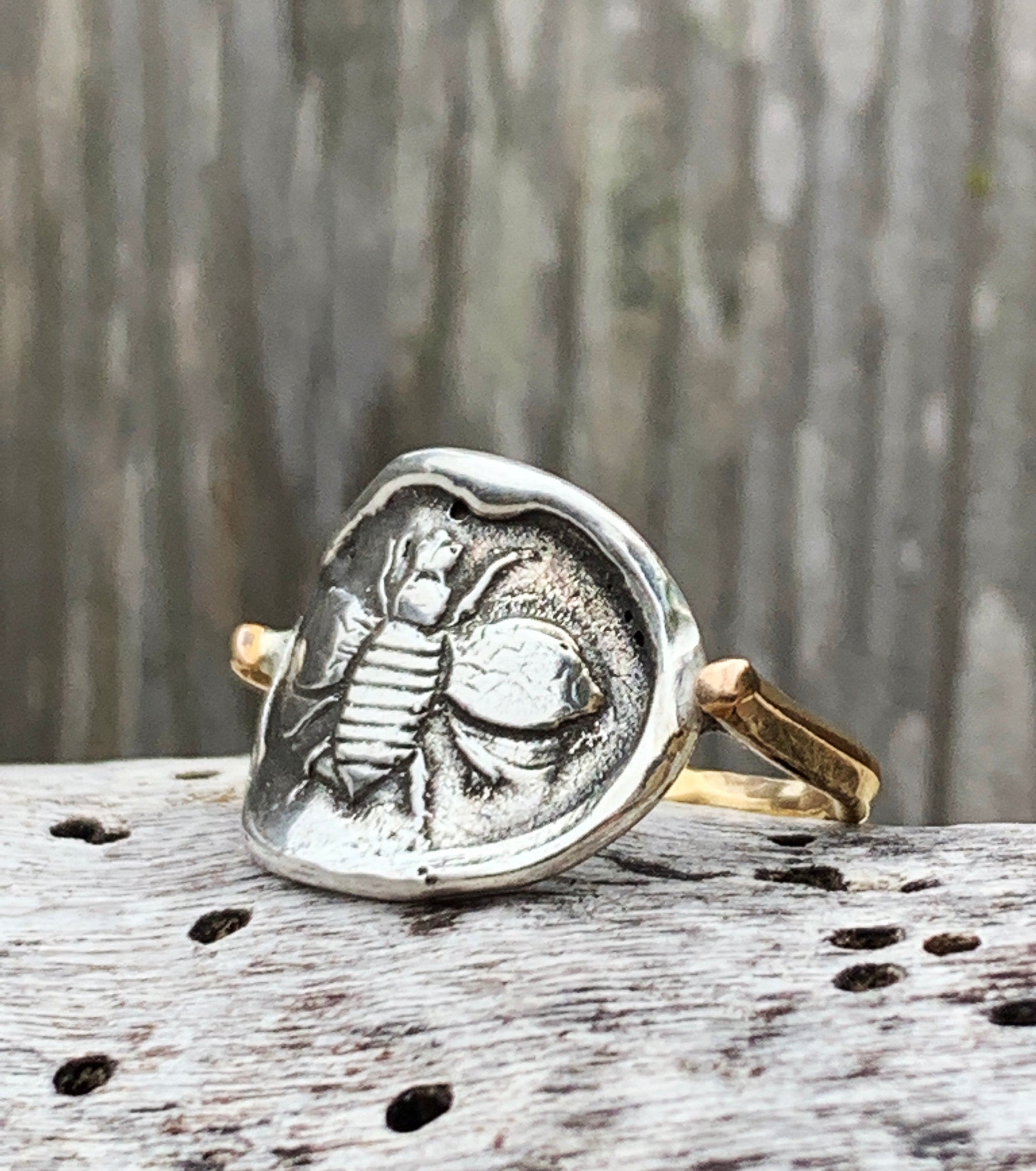 Silver Bee Ring with 14K Gold Fill Band
