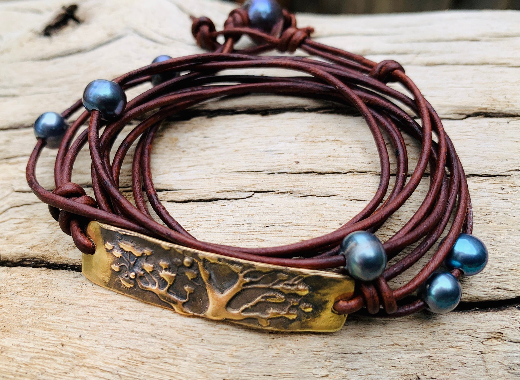 Hand Made Cast Bronze Tree Bar Wrap Antique Brown Leather Bracelet with six 5mm Pearls and Pearl Closure