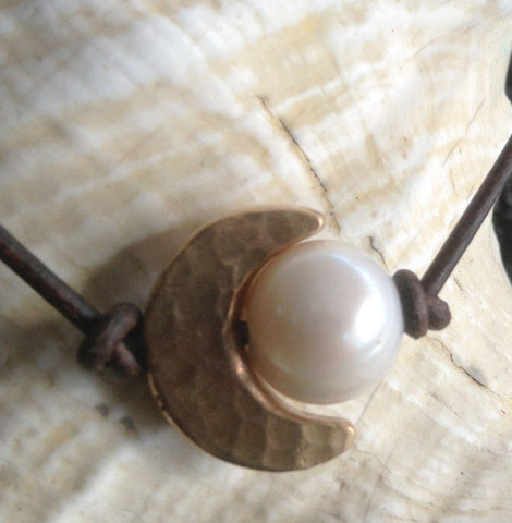 Handmade Hammered Bronze Crescent Moon Choker and Pearl on Antique Brown Leather Cord with Pearl Closure