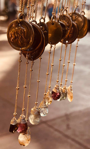 Handmade 14K Gold Fill Bee Charm Lariat Necklace with Smokey Quartz Drop