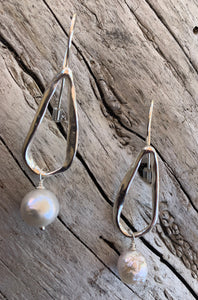 Handmade Sterling Silver Organic Tear Drop Shape Earrings with Pearl Drop