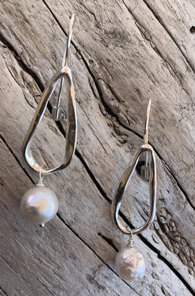 Handmade Sterling Silver Organic Tear Drop Shape Earrings with Pearl Drop