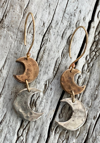 Handmade Sterling Silver and Bronze Hammered Crescent Moon Earrings