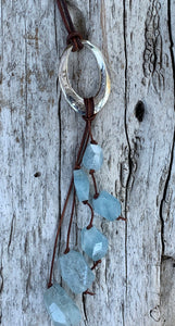 Handmade Sterling Silver Organic Hammered Oval Leather Adjustable Long Lariat Necklace with Variegated Aquamarine Cluster