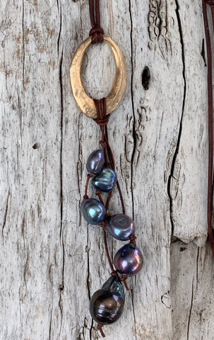 Handmade Bronze Organic Hammered Oval Leather Adjustable Long Lariat Necklace with Variegated Black Baroque Pearl's