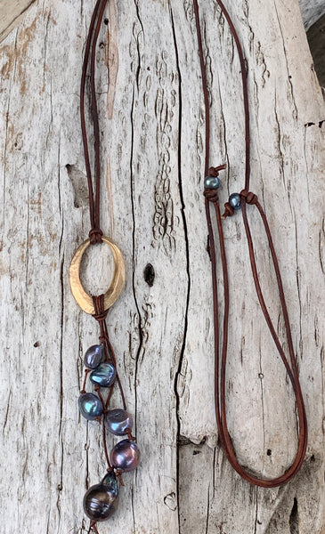 Handmade Bronze Organic Hammered Oval Leather Adjustable Long Lariat Necklace with Variegated Black Baroque Pearl's