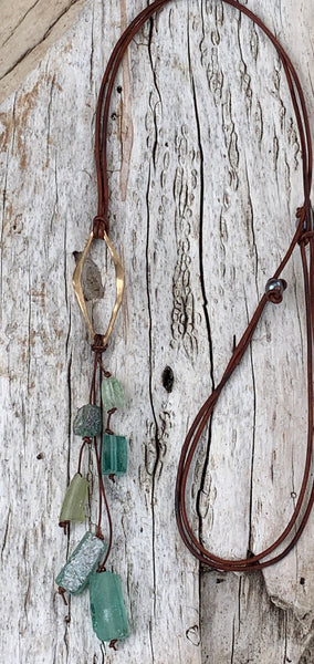 Handmade Bronze Organic Diamond Leather Adjustable Long Lariat Necklace with Roman Glass