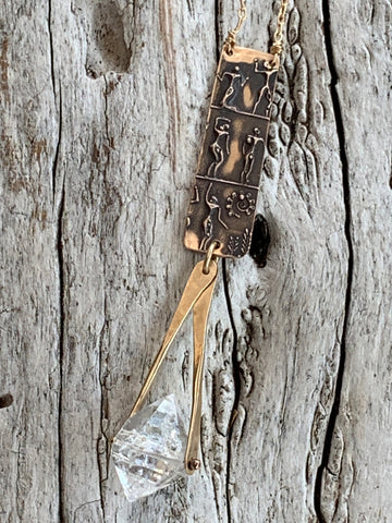 Bronze and Gold Fill Cave Painting Necklace with Herkimer Diamond Drop