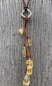 Handmade Organic Silver Diamond Leather Adjustable Lariat Necklace with Variegated Citrine Cluster