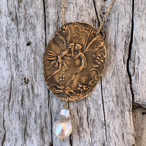 Bronze Kissing Faerie Necklace on 14K Gold Fill with Flame Ball Pearl Drop