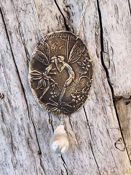 Sterling Silver Kissing Faerie Necklace with Flame Ball Pearl Drop