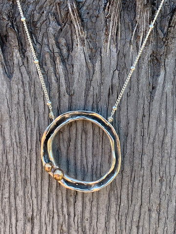 Sterling Silver Organic Two Peas in a Pod Circle Necklace with Bronze Beads