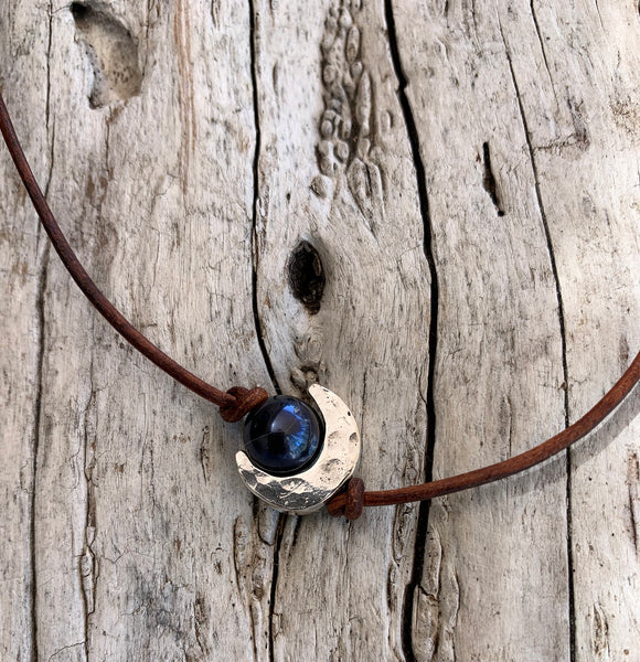 Handmade Hammered Sterling Silver Crescent Moon Choker and Pearl on Antique Brown Leather Cord with Pearl Closure