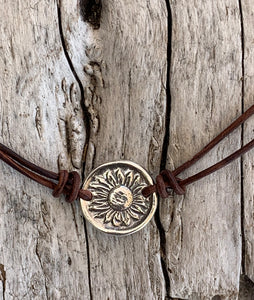 Handmade Organic Sterling Silver Sunflower Leather Choker Necklace