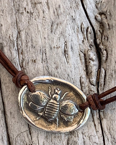 Handmade Organic Sterling Silver Bee Leather Choker Necklace