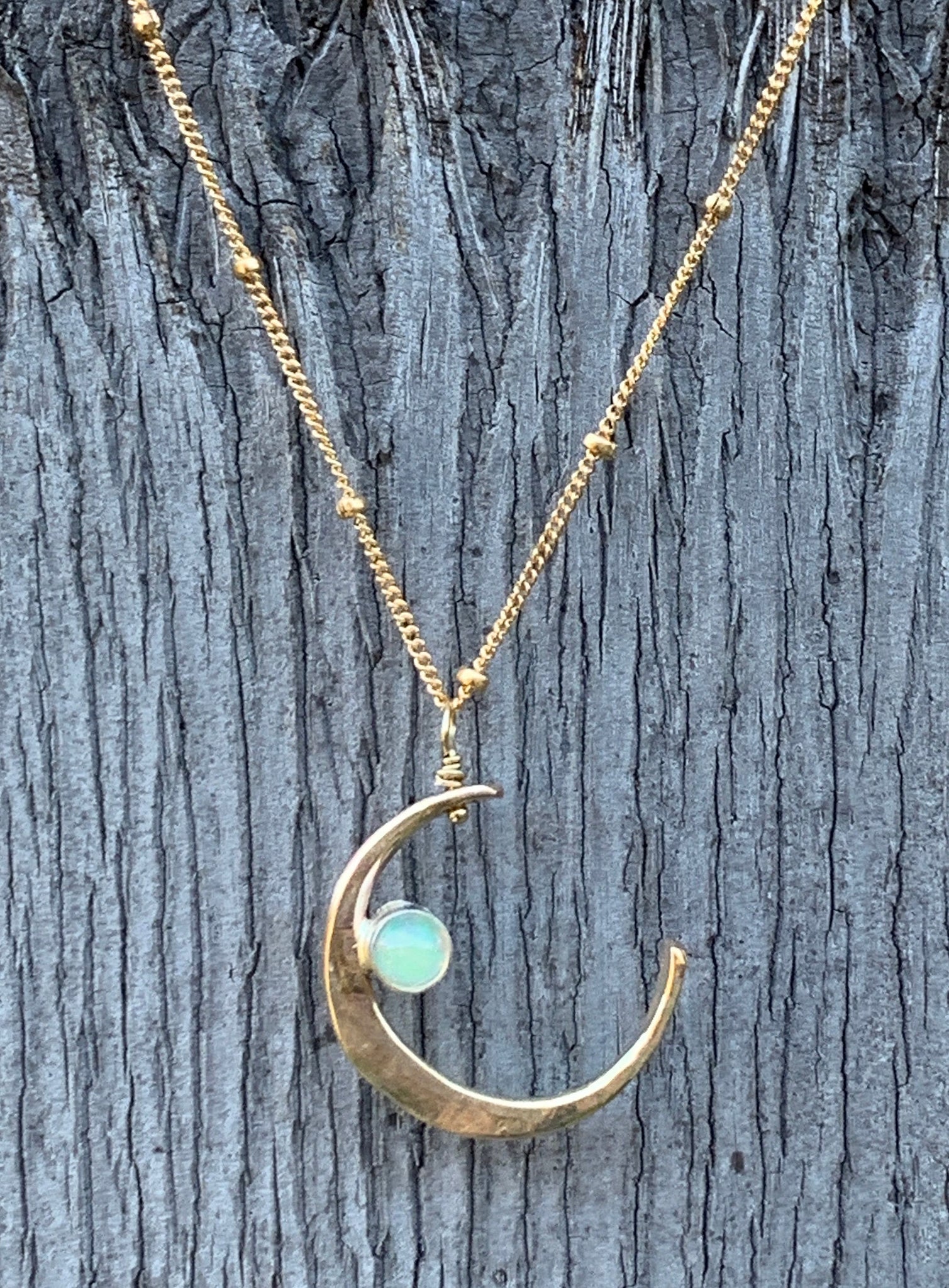 Handmade 14K Gold Fill Crescent Moon Necklace with Tube Set Opal