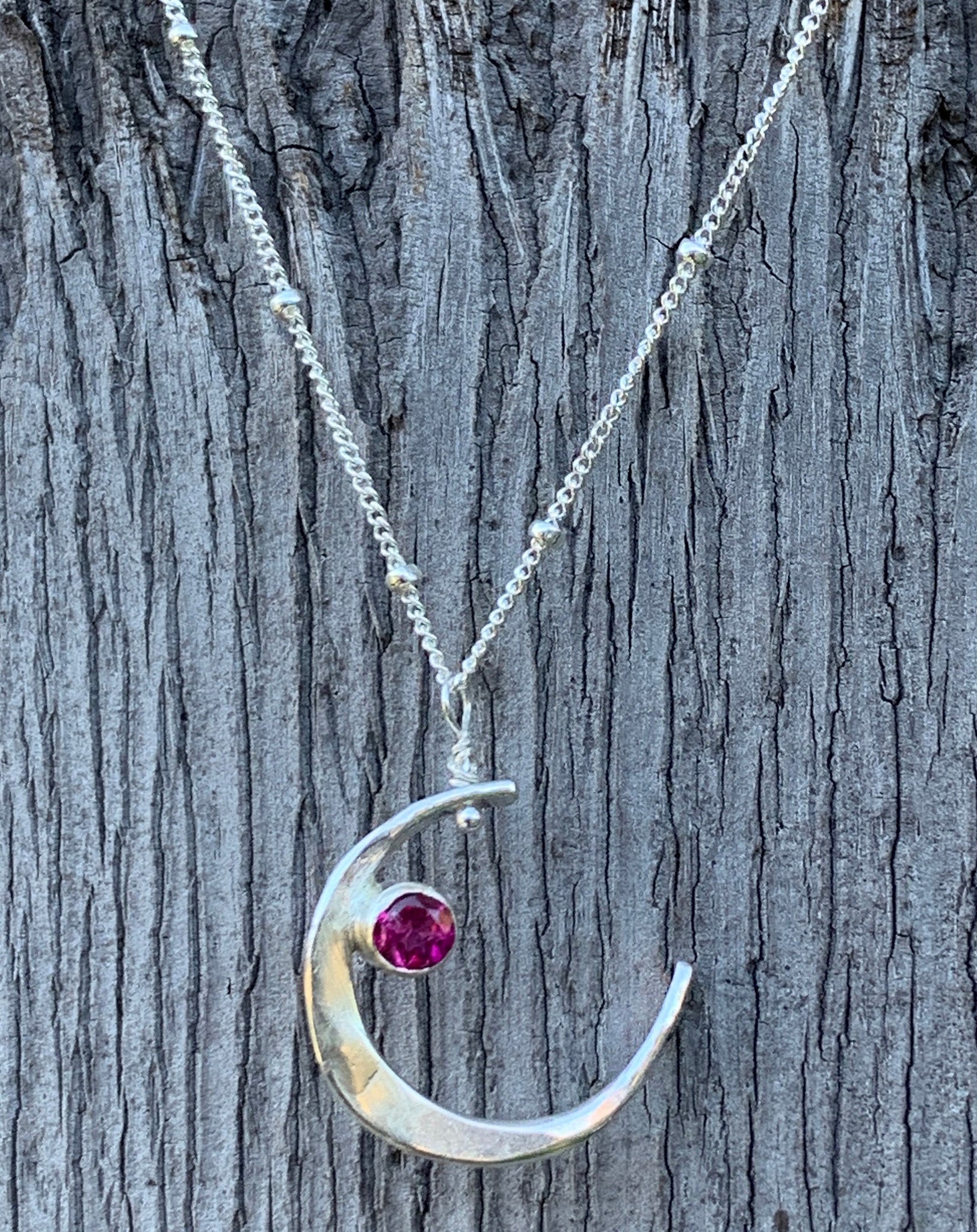 Handmade Sterling Silver Crescent Moon Necklace with Tube Set Pink Tourmaline