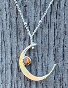Handmade Sterling Silver Crescent Moon Necklace with Tube Set Citrine