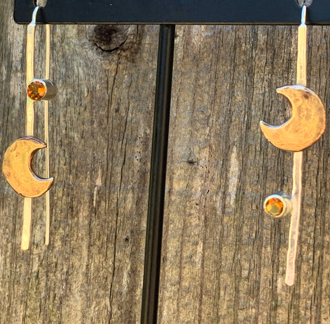 Handmade Sterling Silver Earrings with Bronze Hammered Crescent Moon and Tube Set Citrine