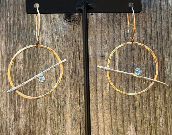 Handmade 14K Gold Fill Circle Earrings with Sterling Silver Tube Set Aquamarine