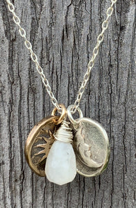 Handmade Sterling Silver Necklace with Sterling Silver Crescent Moon & Bronze Sun Charms with Moonstone Drop