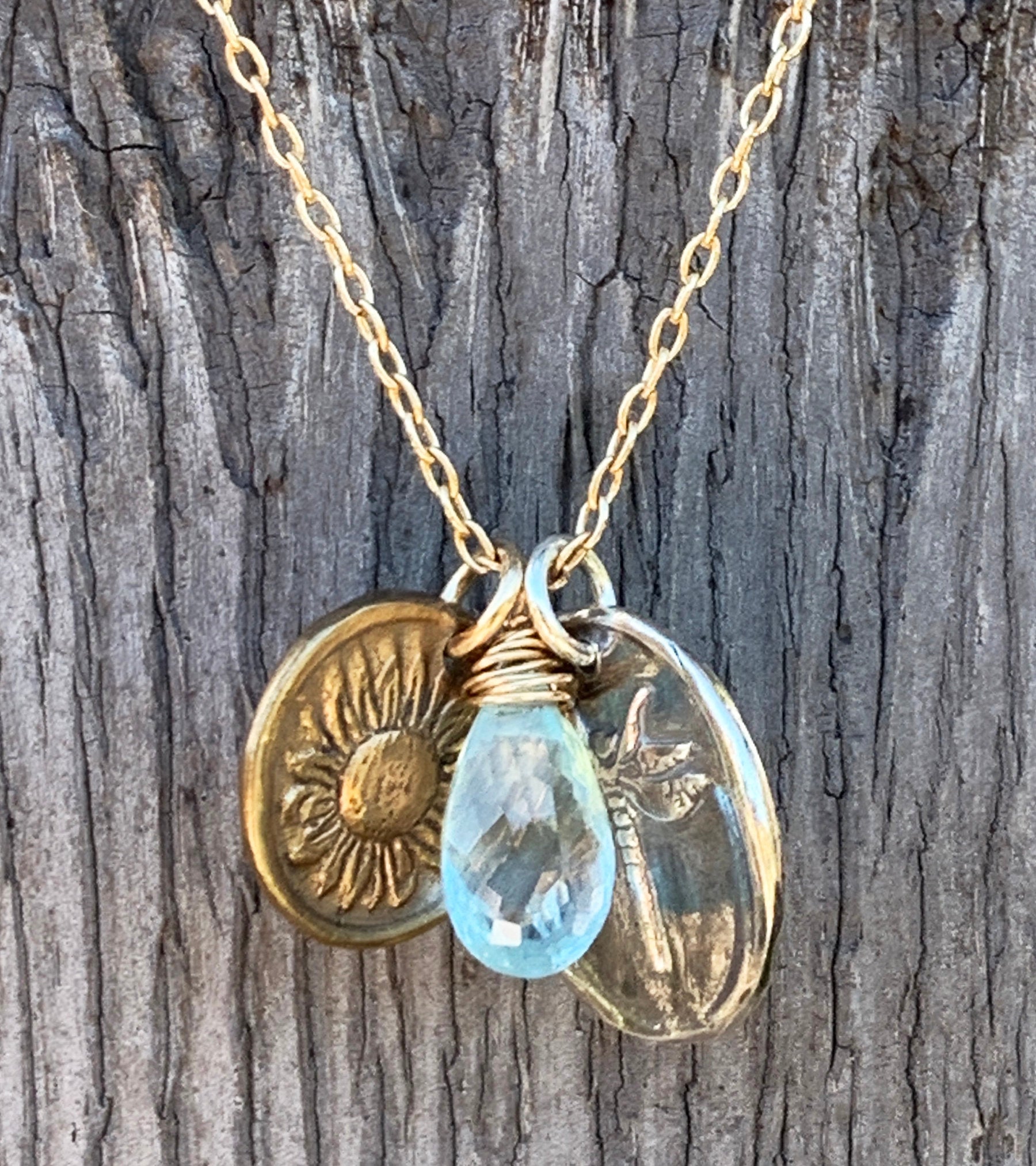 Handmade 14K Gold Fill Necklace with Sterling Silver Dragonfly & Bronze Sunflower Charms with Aquamarine Drop