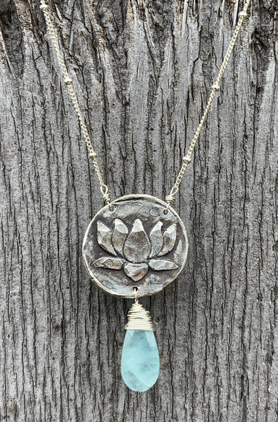 Sterling Silver Lotus Necklace with Aquamarine Drop