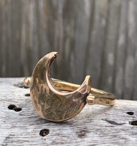 Bronze Hammered Crescent Moon Ring with 14K Gold Fill Band