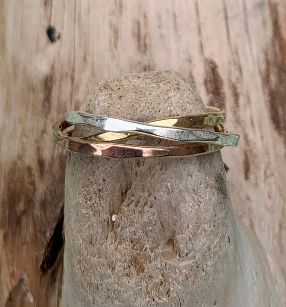 Mixed Metal Hammered Rolling Trinity Three Ring Set