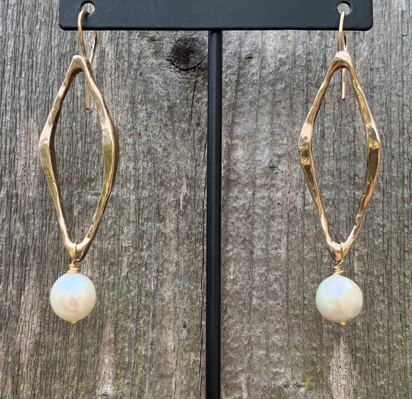Handmade Bronze Organic Diamond Shape Long Earrings with Pearl Drop