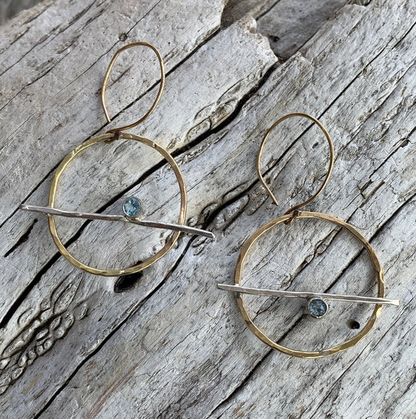 Handmade 14K Gold Fill Circle Earrings with Sterling Silver Tube Set Aquamarine