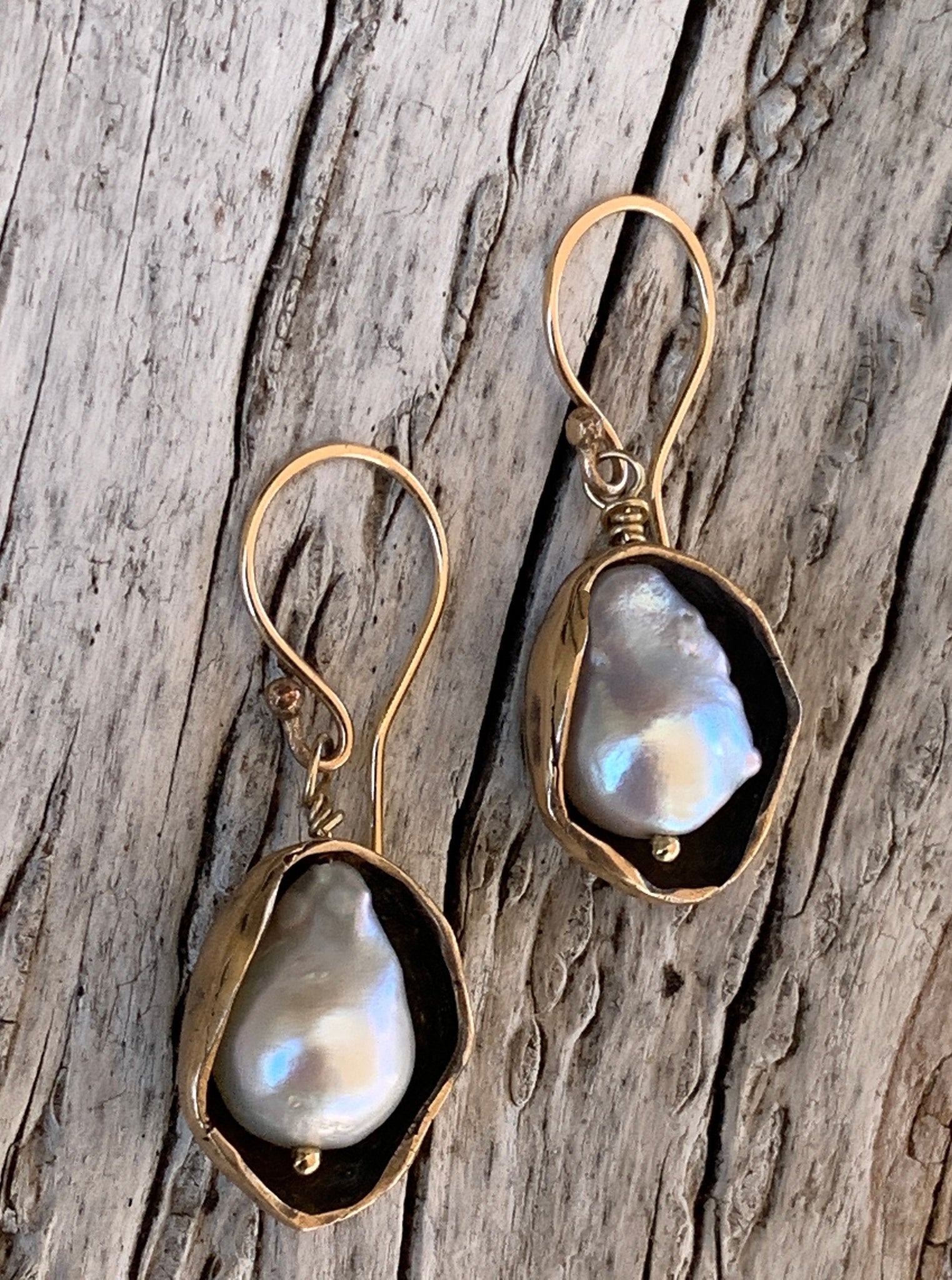 Bronze Pod Earrings with Flame Ball Pearls and 14K Gold Fill Ear Wire